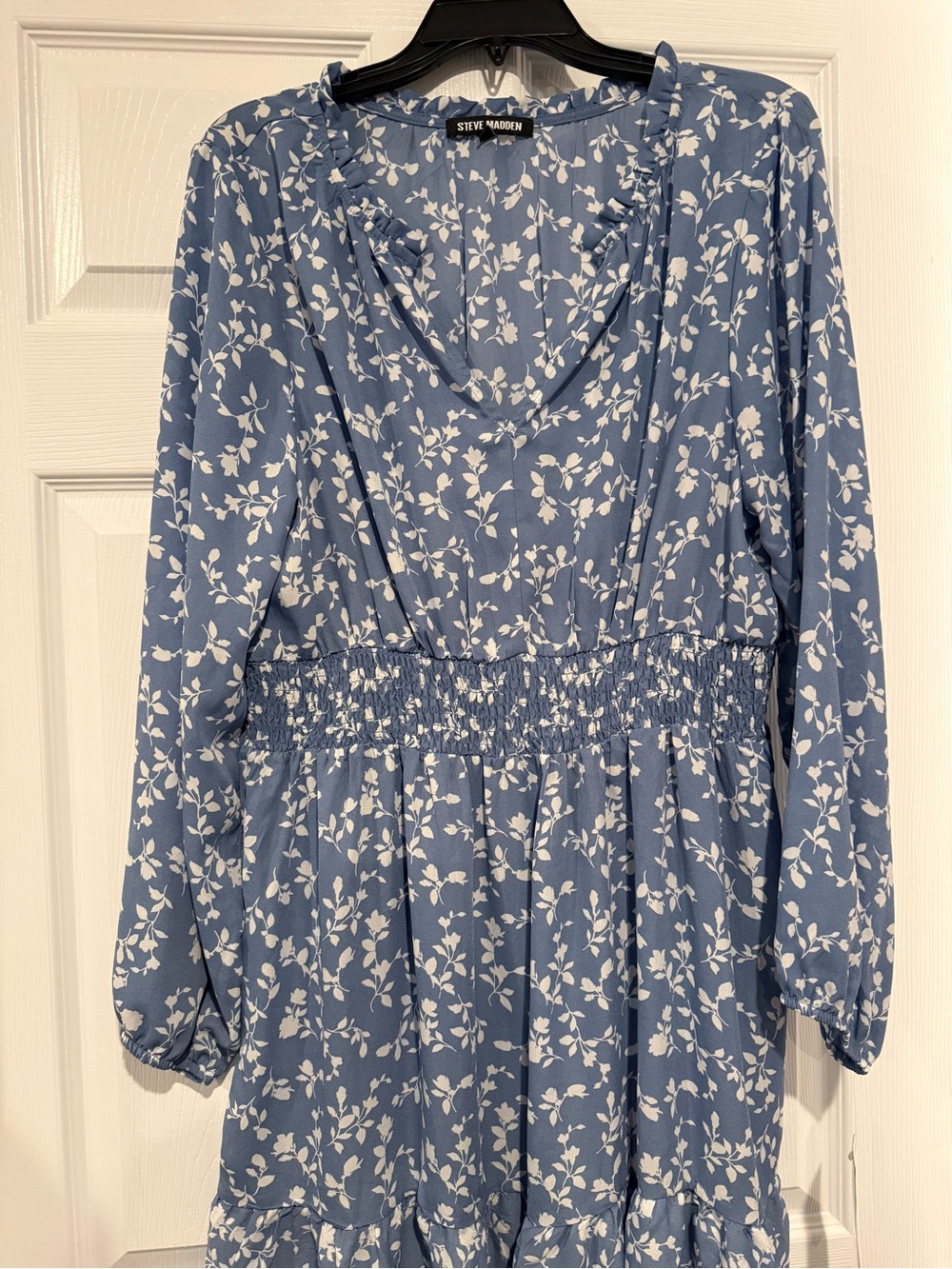 Steve Madden Blue Floral V-Neck Smocked-Waist Long Sleeve Dress